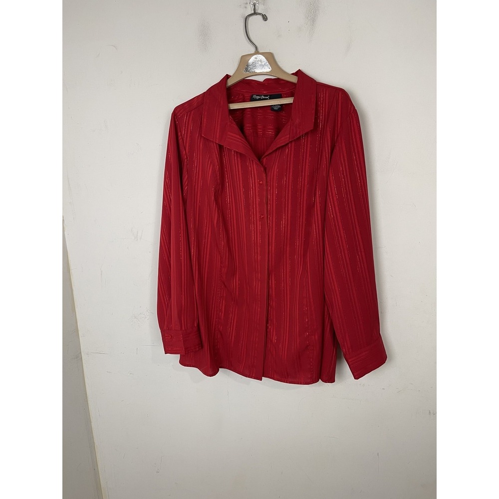 Maggie‎ Barnes Women's 3X 26/28W Red Striped Long Sleeve Button Up Blouse Top - Picture 4 of 9
